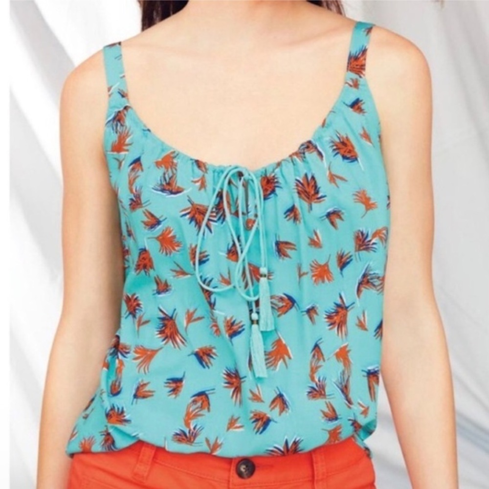 CAbi Turquoise Tropical Print Tassel Tank Top